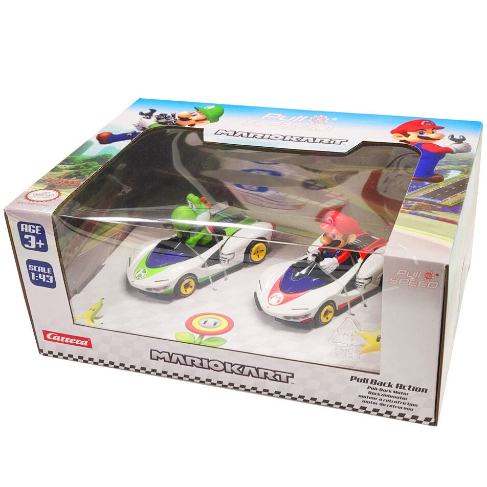 Set 2 coches Pull Speed Mario + Yoshi Mario Kart CARRERA